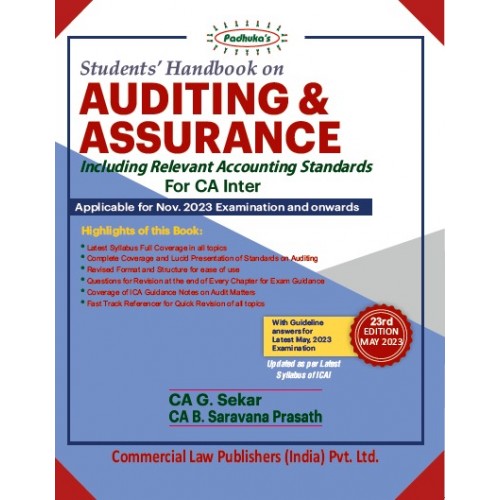 Padhuka's Students Handbook on Auditing & Assurance for CA Inter November 2023 Exam (New Syllabus) by CA. G. Sekar & CA B. Saravana Prasath | Commercial Law Publisher